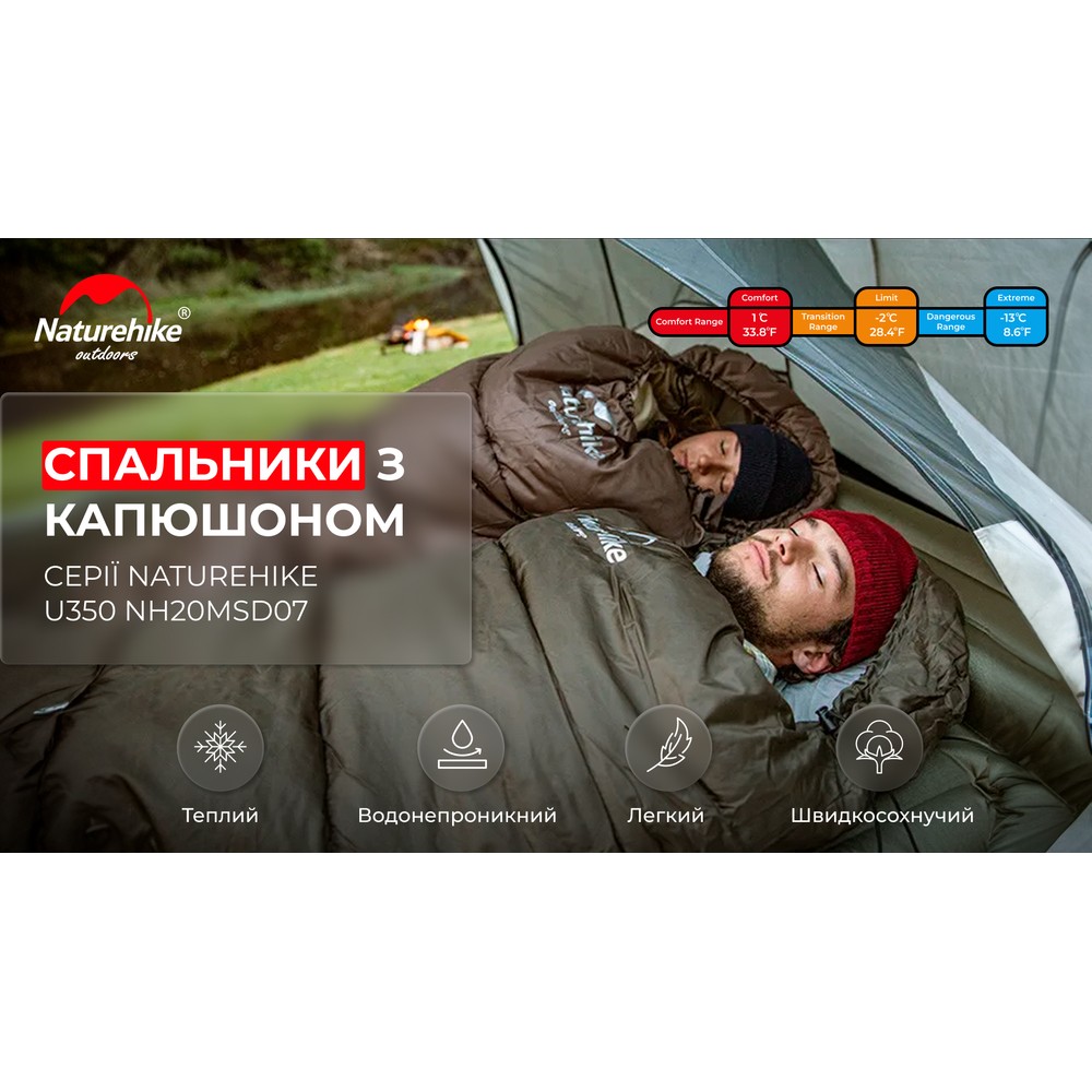 Спальник з капюшоном Naturehike U350 NH20MSD07, , лівий, зелений